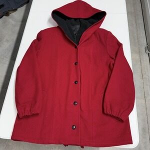 Vintage Red Hooded Wool Blend Button Down Car Coat Jacket Womens XL
